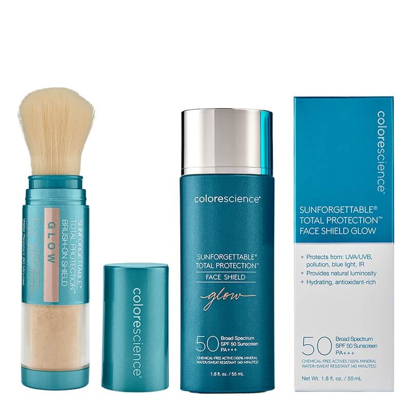 Colorescience Glow Face Shield ZESTAW Minerały w emulsji do twarzy (kolor Glow) 55 ml + Mineralny puder ochronny w pędzlu (kolor Glow) 4,3 g
