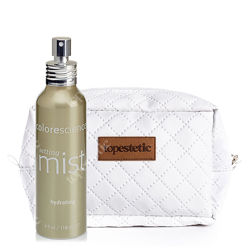 Colorescience Hydrating Setting Mist + Kosmetyczka ZESTAW Mgiełka utrwalająca minerały, nawilżająca 118 ml + Biała, pikowana kosmetyczka