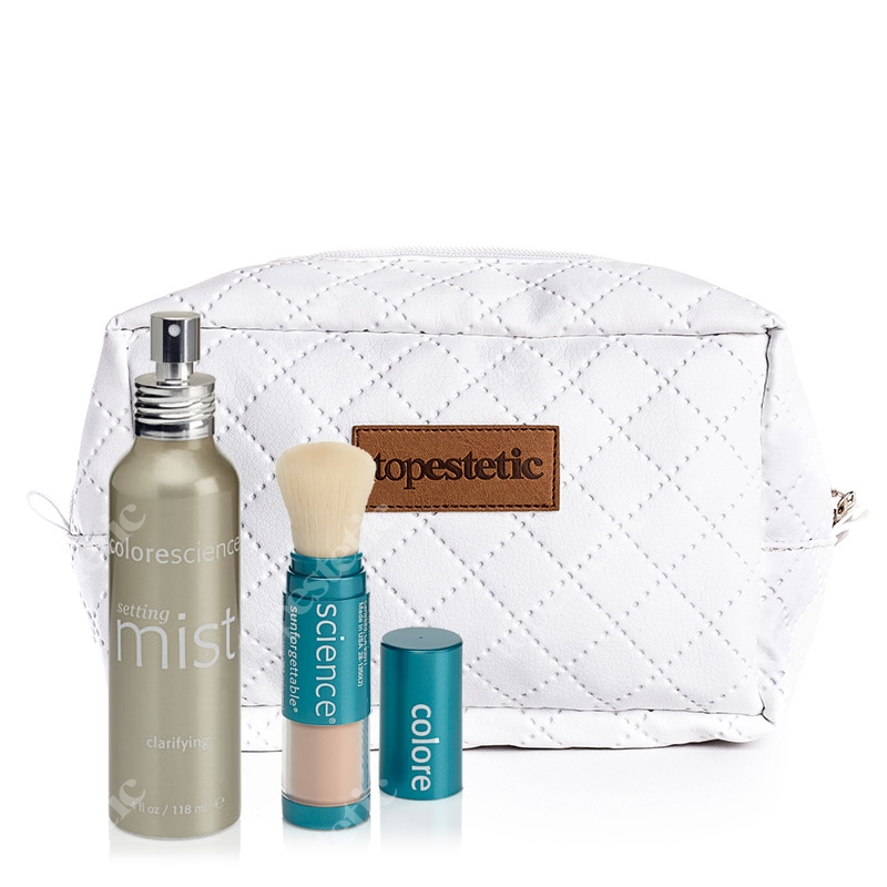 Colorescience Sunforgetable Brush-On Sunscreen + Clarifying Setting Mist ZESTAW Puder mineralny kolor Medium 6 g+ Mgiełka utrwalająca+ Kosmetyczka