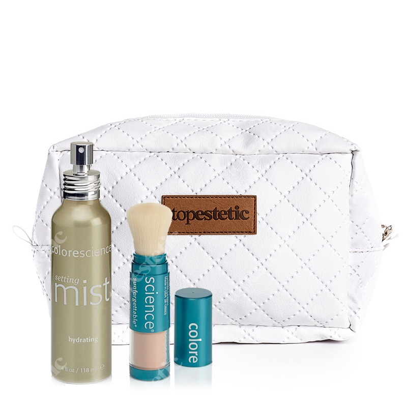 Colorescience Sunforgetable Brush-On Sunscreen + Hydrating Setting Mist + Kosmetyczka ZESTAW Puder Mineralny kolor Medium 6 g + Mgiełka utrwalająca 118 ml + Kosmetyczka
