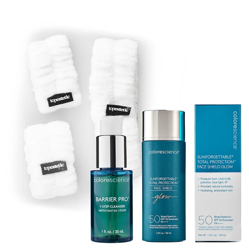 Colorescience Sunforgettable Total Set ZESTAW Minerały w emulsji do twarzy (kolor Glow) 55 ml + Żel oczyszczający 30 ml + Zestaw opasek 1 szt GRATIS