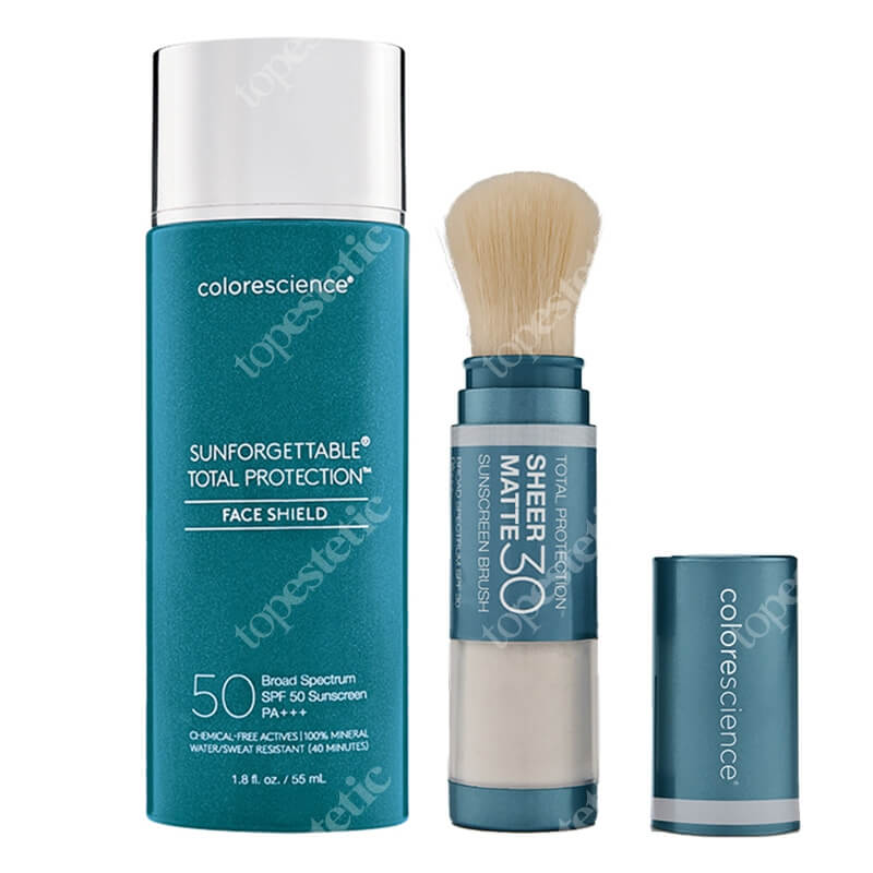Colorescience Sunforgettable Total + Sheer Matte ZESTAW Minerały w emulsji do twarzy SPF50 ( kolor Classic ) 55 ml + Puder wchłaniający nadmiar sebum 4,3 g