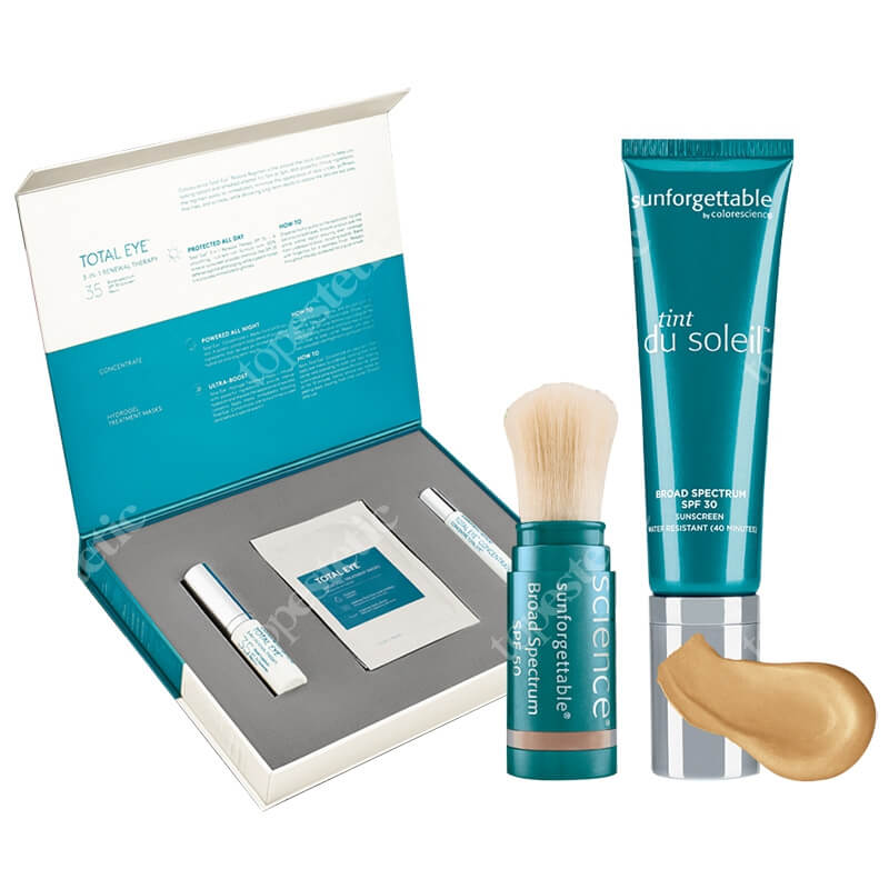 Colorescience Total Eye Set + Tint du Solei + Sunforgettable Brush-On Sunscreen ZESTAW Rewitalizacja okolic oczu + Minerały w kremie Medium 30 ml + Puder SPF 50 Medium 2 g
