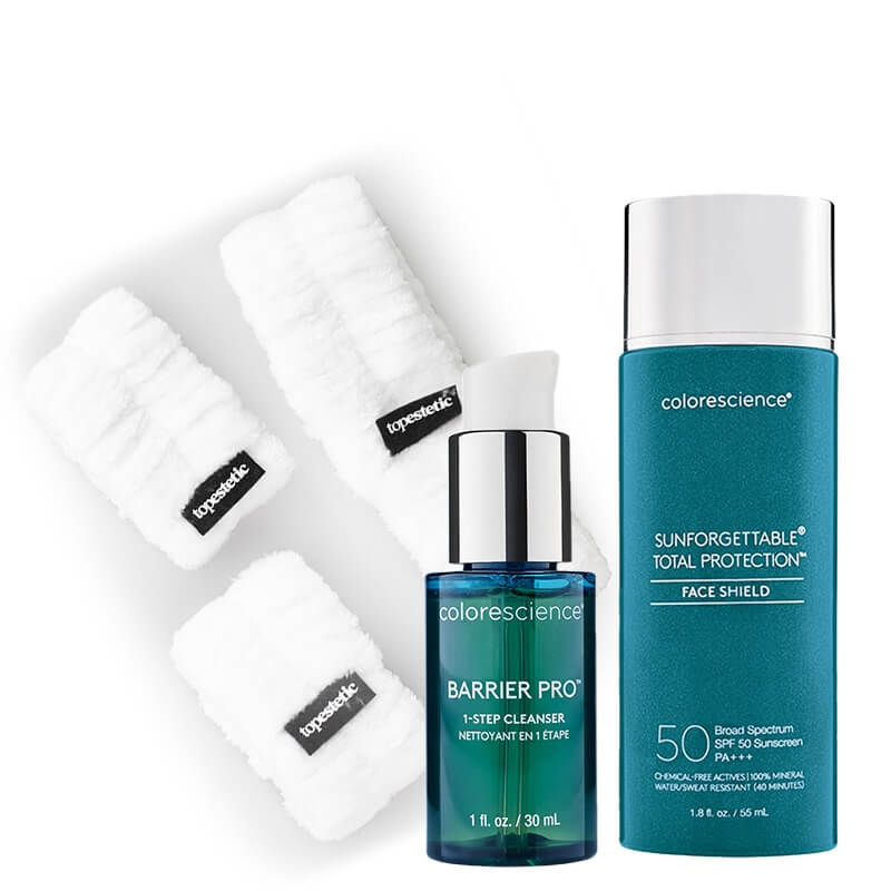 Colorescience Total Protection Face Set ZESTAW Minerały w emulsji do twarzy ( kolor Classic ) 55 ml + Żel oczyszczający 30 ml + Zestaw opasek GRATIS