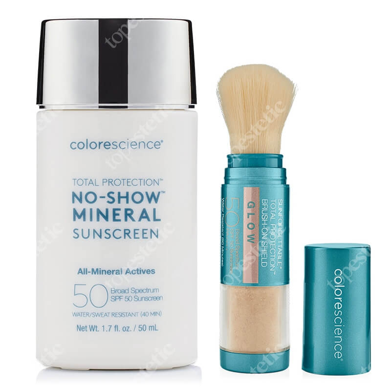 Colorescience Total Protection No Show SPF 50 Mineral Sunscreen + Sunforgettable Brush On-Shield SPF 30 ZESTAW Mineralny filtr przeciwsłoneczny 50 ml + Mineralny puder ochronny w pędzlu (kolor Glow) 4,3 g