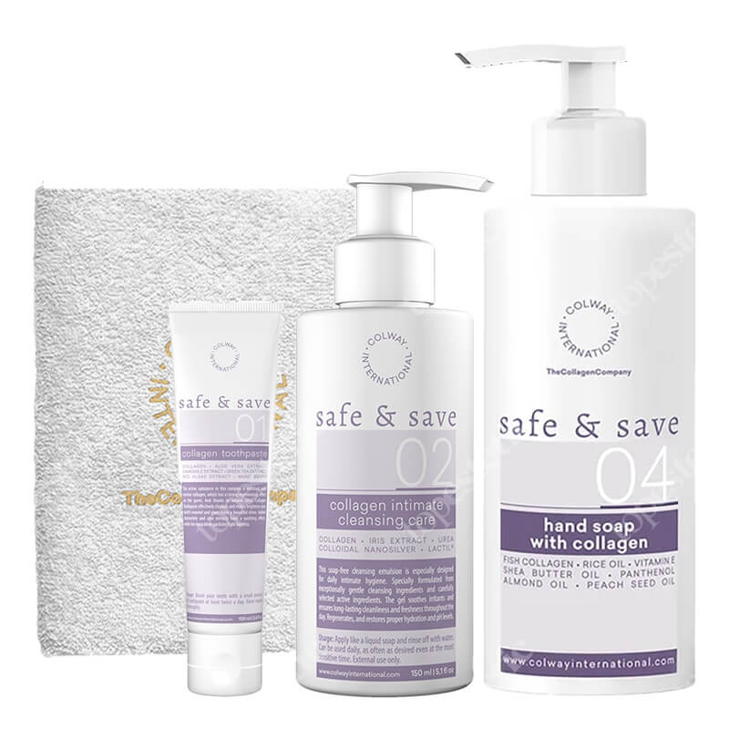 Colway International Daily Collagen Care ZESTAW Żel do higieny intymnej 150 ml + Mydło do mycia rąk 200 ml + Pasta do zębów 100 ml + Mały ręcznik 1 szt