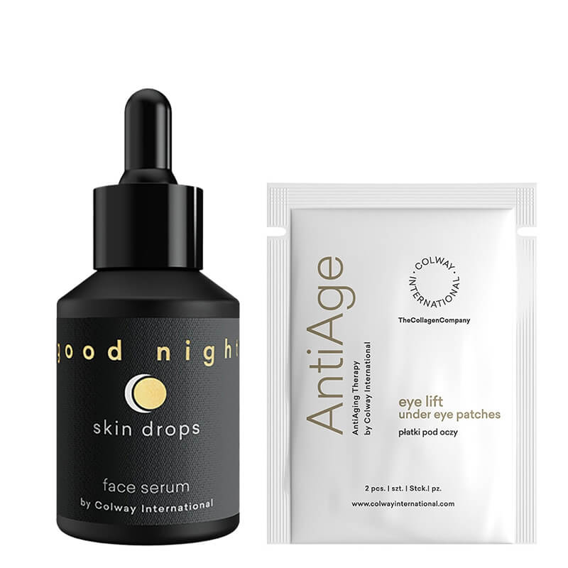 Colway International Good Night Skin Drops Face Serum + Eye lift - Eye Patches ZESTAW Innowacyjne serum do twarzy na noc 30 ml + Płatki pod oczy 2 szt