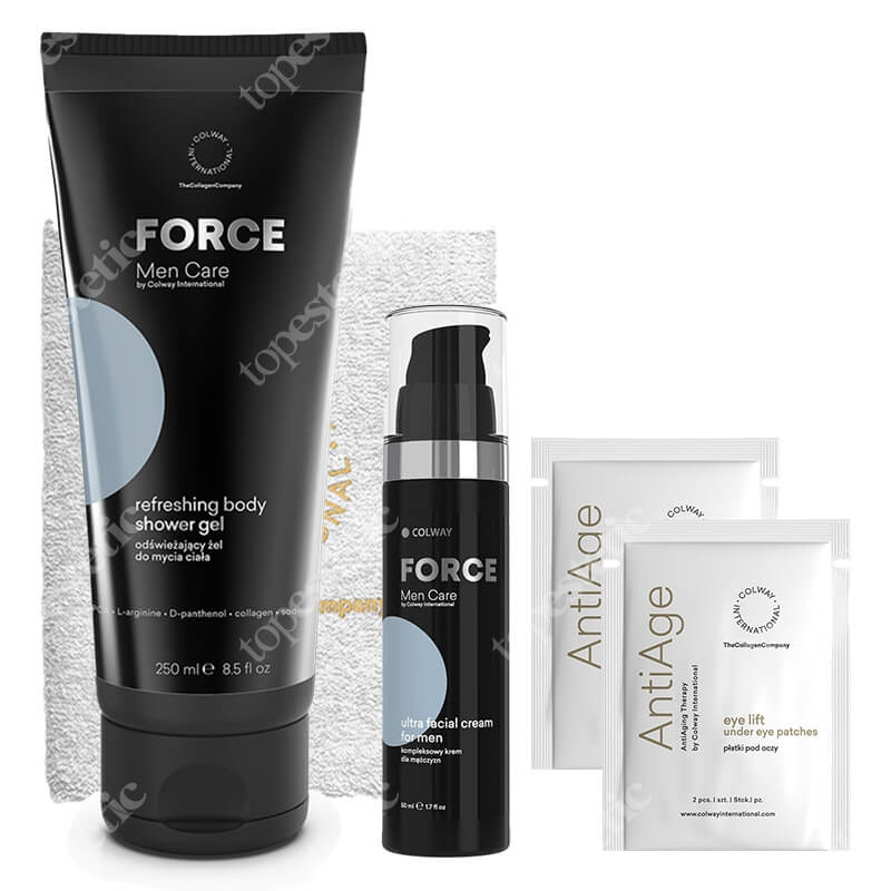 Colway International Mens Care ZESTAW Kompleksowy krem 50 ml + Odświeżający żel do mycia ciała 250 ml + Płatki pod oczy 2 szt + Mały ręcznik 1 szt