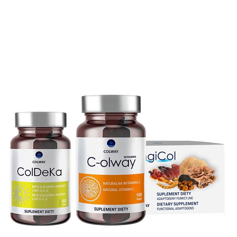 Colway Premium Immune Support ZESTAW Suplement diety Shitake + BetaDGlutan + Wit. D,K,A 60 kaps. + Witamina C 100 kaps + Adaptogeny funkcyjne 60 kps.