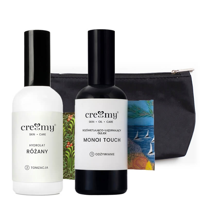 Creamy Monoi Touch + Hydrolat Różany ZESTAW Rozświetlająco-ujędrniający olejek do ciała 100 ml + Hydrolat 100 ml + Kosmetyczka 1 szt