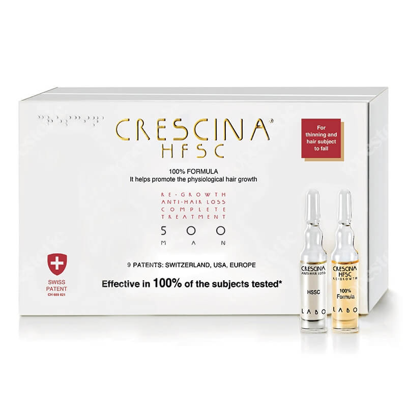 Crescina HFSC 100% Complete Treatment 500 For Men Pełna kuracja dla mężczyzn zalecana w leczeniu rzednących i wypadających włosów 10+10 amp.