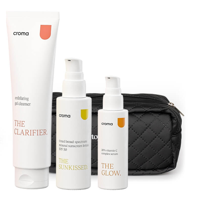 Croma Beauty Summer ZESTAW Oczyszczający żel z peelingiem 150 ml + Serum z 20% kompleksem witaminy C 30 ml + Koloryzując krem SPF 50 50 ml + kosmetyczka