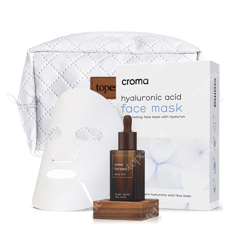 Croma Farewell Aging Skin + Hyaluronic Acid Face Mask + Kosmetyczka Topestetic ZESTAW Serum przeznaczone dla skóry dojrzałej 30 ml + Odmładzająca maska na twarz 8 szt. + kosmetyczka 1 szt