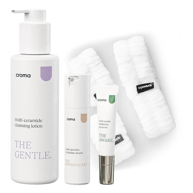 Croma Multi Peptide Care ZESTAW Płyn oczyszczający 150 ml + Krem nawilżający 50 ml + Rozjaśniające serum pod oczy 15 ml + Opaski 2 szt+1 szt