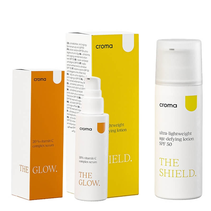 Croma The Glow of the Shield ZESTAW Silnie działające serum z 20% kompleksem witaminy C 30 ml + Ultralekki balsam przeciwstarzeniowy SPF 50 50 ml