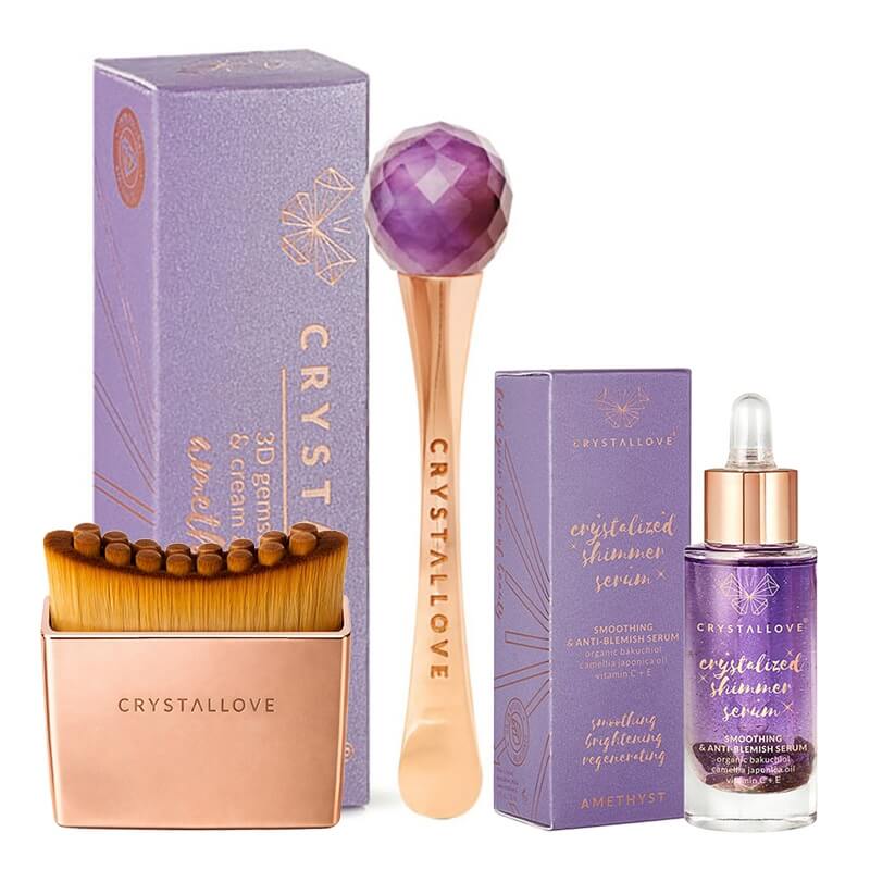 Crystallove Amethyst Massage Set ZESTAW Szczotka do drenażu limfatycznego 1 szt + Masażer pod oczy 3D 1 szt + Serum z ametystem i bakuchiolem 30 ml