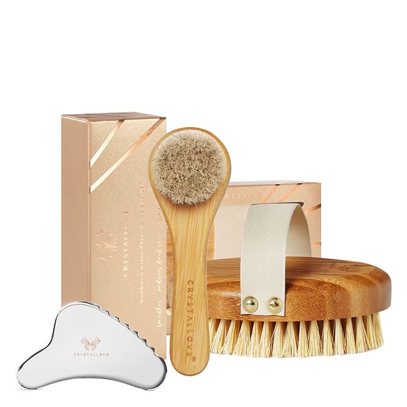 Crystallove Face and Body Massage Set ZESTAW Szczotka do ciała 1 szt + Szczotka do twarzy, szyi, dekoltu i biustu 1 szt + Gua sha do masażu ciała ze stali nierdzewnej 1 szt