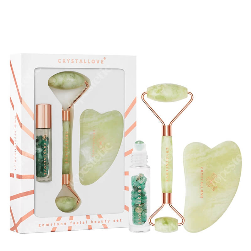 Crystallove Jade Beauty Set ZESTAW Masażer do twarzy 1 szt. + Płytka do masażu twarzy gua sha 1 szt + Buteleczka z kryształkami awenturynu na olejek 10 ml