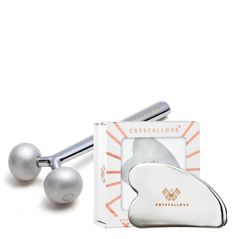 Crystallove Masażer do Twarzy + Cryo Ice Gua Sha ZESTAW Masażer liftingujący 1 szt. + Gua sha ze stali nierdzewnej 1 szt