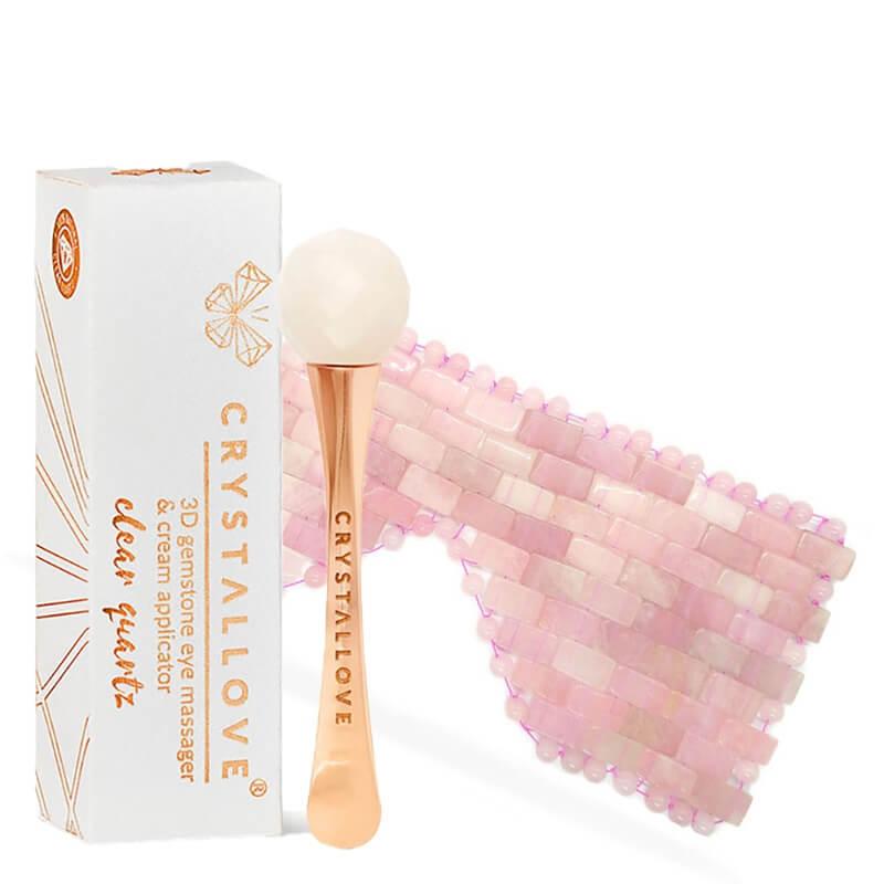 Crystallove Masażer pod Oczy z Kryształu Górskiego + Maska z Kwarcu Różowego ZESTAW Masażer 3D 1 szt + Maska 1 szt.