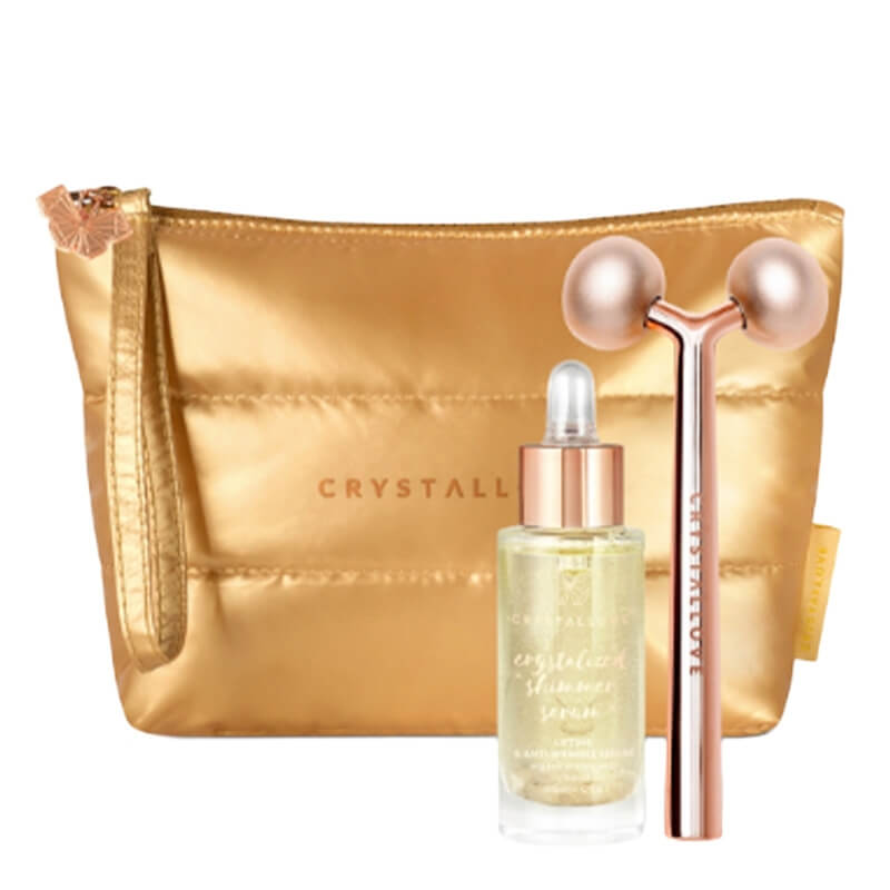 Crystallove Miss Set Gold ZESTAW Masażer liftingujący 1 szt + Serum z kryształem górskim 30 ml + Kosmetyczka 1 szt