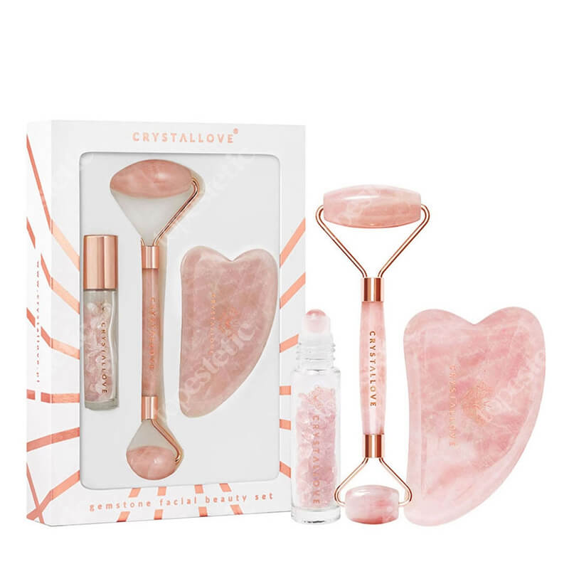 Crystallove Rose Quartz Beauty Set ZESTAW Masażer do twarzy 1 szt. + Płytka do masażu twarzy gua sha 1 szt + Buteleczka z kryształkami kwarcu różowego na olejek 10 ml