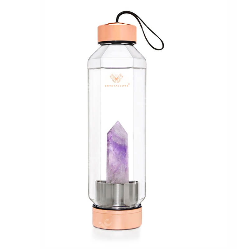 Crystallove Szklana Butelka na Wodę z Kryształem HEXAGON 650 ml Ametyst