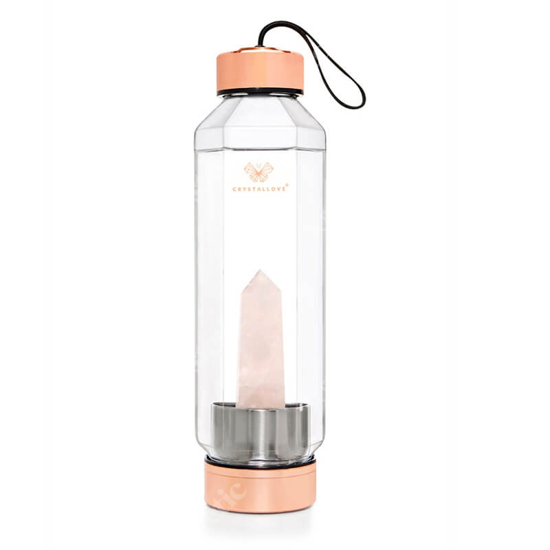 Crystallove Szklana Butelka na Wodę z Kryształem HEXAGON 650 ml Kwarc Różowy