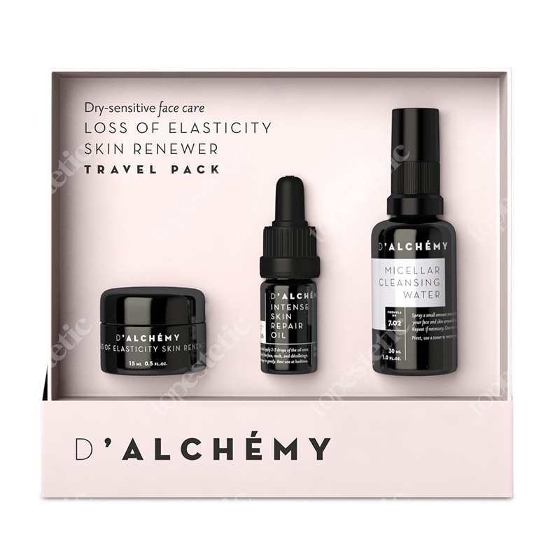 Dalchemy Loss of Elasticity Skin Renewer Travel-Pack ZESTAW Skóra sucha i wrażliwa, krem 15 ml + Olejek 5 ml + Woda micelarna 30 ml