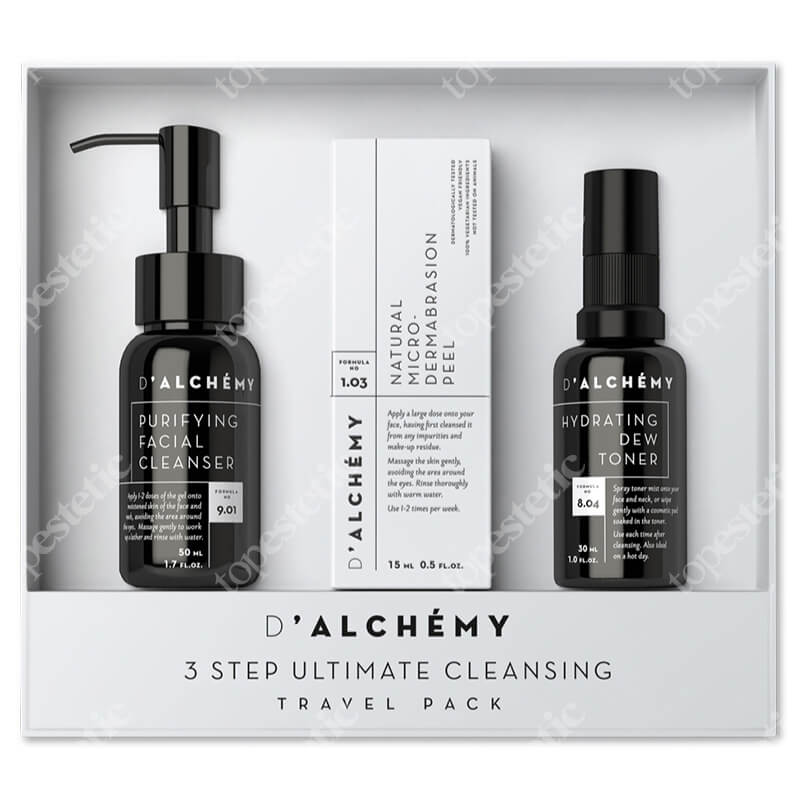 Dalchemy 3 Step Ultimate Cleansing Travel Pack ZESTAW Nawilżający tonik do twarzy 30 ml + Peeling do twarzy 15 ml + Oczyszczający żel do mycia twarzy 50 ml