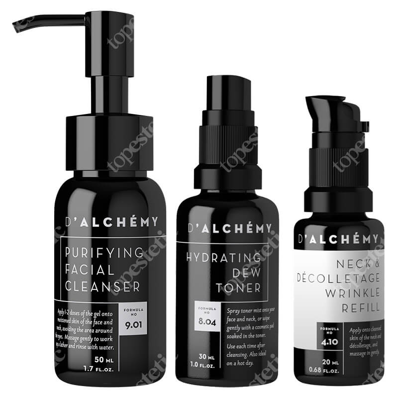 Dalchemy Travel Set ZESTAW Nawilżający tonik do twarzy 30 ml + Wypełniacz zmarszczek do szyi i dekoltu 20 ml + Oczyszczający żel do mycia twarzy 50 ml