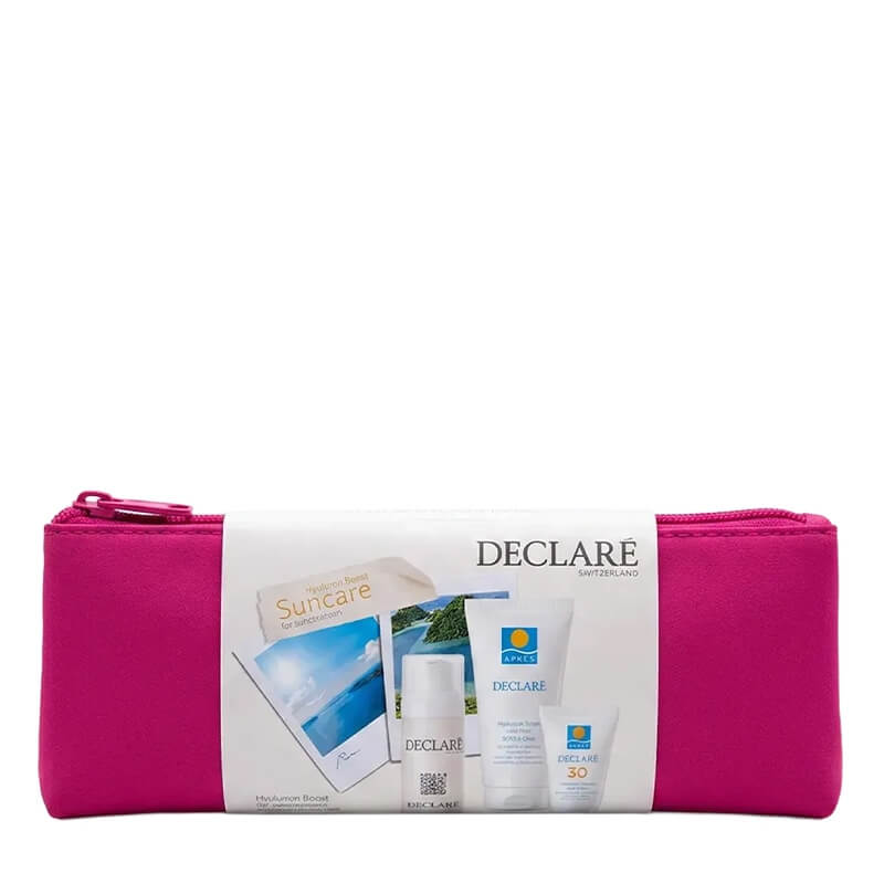 Declare SUN ZESTAW Hialuronowy krem do opalania 25 ml + Balsam do ciała po opalaniu 100 ml + Hialuronowa pianka nawilżająca 50 ml + Kosmetyczka róż 1 szt