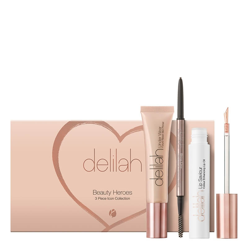 Delilah Beauty Heroes Collection ZESTAW Wygładzająca baza pod makijaż 5 ml + Wysuwana kredka do brwi (kolor Sable) 0,08 g + Odżywczy olejek podkreślający kolor ust 5 ml