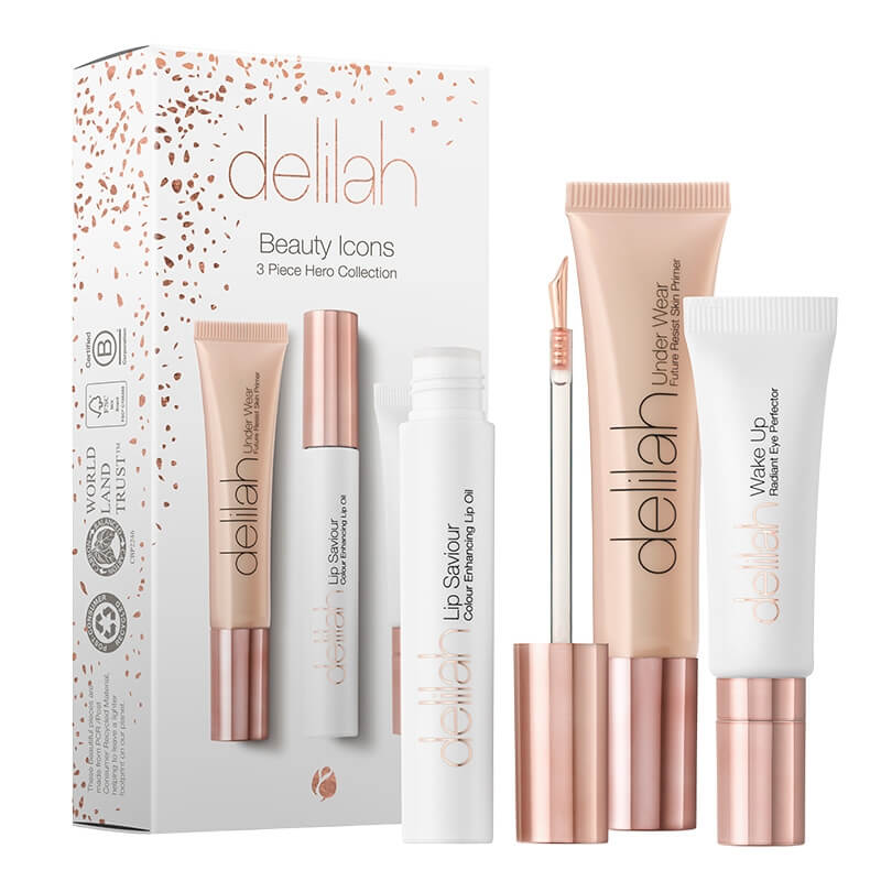 Delilah Beauty Icons 3 Piece Hero Collection ZESTAW Wygładzająca baza pod makijaż 5 ml + Nawilżająca baza rozświetlająca na okolice oczu 8 ml + Oolejek podkreślający kolor ust 5 ml