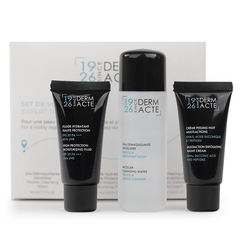 Derm Acte Face Care Travel Kit ZESTAW Micelarny płyn 50 ml + Fluid nawilżający 10 ml + Multiaktywny krem złuszczający na noc 15 ml