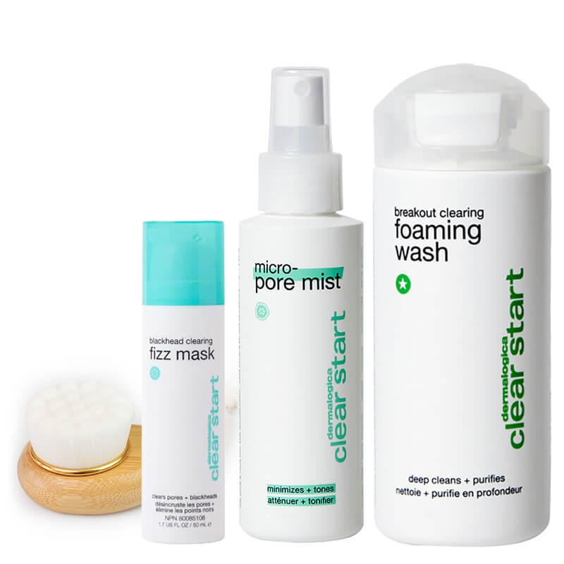 Dermalogica Clear Start Set ZESTAW Żel do mycia twarzy 177 ml + Odświeżająca mgiełka 118 ml + Maska oczyszczająca 50 ml + Szczotka do mycia twarzy 1 szt