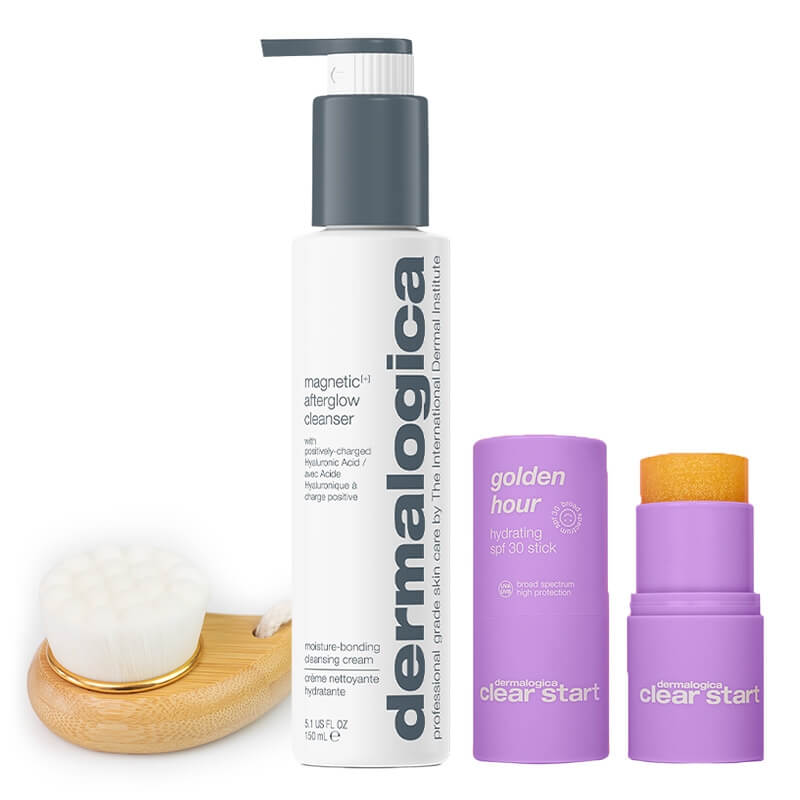 Dermalogica Magnetic Afterglow Cleanser + Golden Hour Hydrating SPF 30 Stick + Bambusowa szczotka Topestetic ZESTAW Kremowy produkt oczyszczający 150 ml + Sztyft SPF 30 19 g + Szczotka do mycia twarzy 1 szt