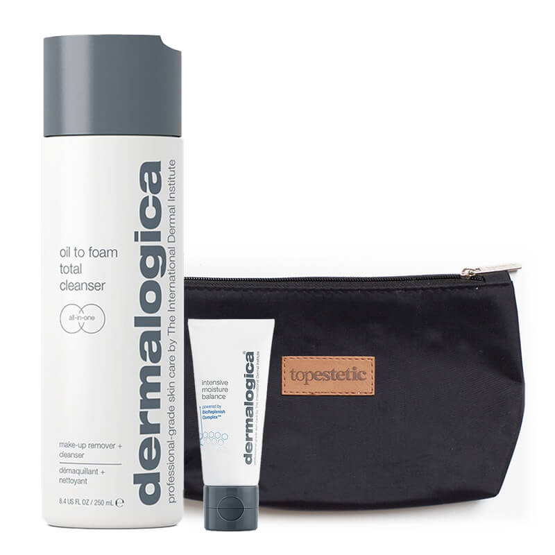 Dermalogica Oil to Foam Total Cleanser + Intensive Moisture Balance ZESTAW Preparat oczyszczający 2w1 250 ml + Odżywczy krem 15 ml + Kosmetyczka 1 szt