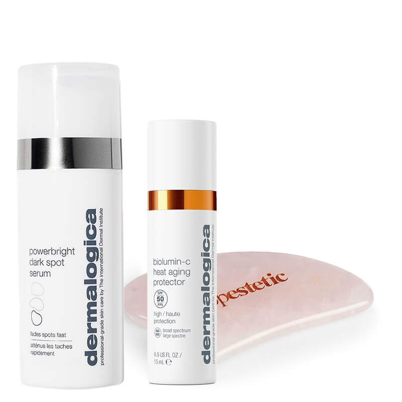 Dermalogica Power Bright Dark Spot Serum + BioLumin-C Heat Aging Protector SPF 50 ZESTAW Serum na przebarwienia 30 ml + Krem SPF 50 15 ml + Gua sha z kwarcu różowego 1 szt