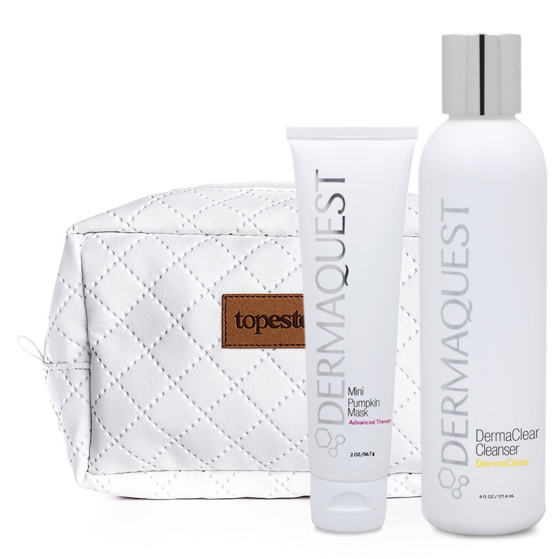 Dermaquest Mini Pumpkin Mask + DermaClear Cleanser + Kosmetyczka ZESTAW Terapeutyczna maska dyniowa 57 ml + Antybakteryjno-enzymatyczny żel do mycia skóry z kwasem migdałowym 177,4 ml + Biała, pikowana kosmety