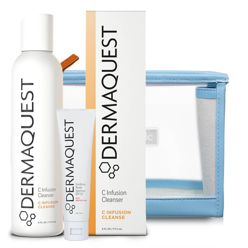Dermaquest SunArmor SPF 50 + C Infusion Cleanser + Kosmetyczka Topestetic ZESTAW Peptydowo-przeciwstarzeniowy krem z najwyższą ochroną mineralną 57 ml + Wzmacniający żel do mycia z kwasem alfa- liponowym i witaminą