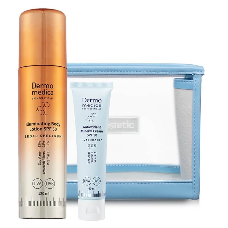 Dermomedica Antioxidant Mineral Cream SPF 30 + Illuminating Body Lotion SPF 50 ZESTAW Przeciwstarzeniowy krem antyoksydacyjny z filtrem 60 ml + Rozświetlający, złoty lotion do ciała 120 ml + Kosmetyczka 1 szt