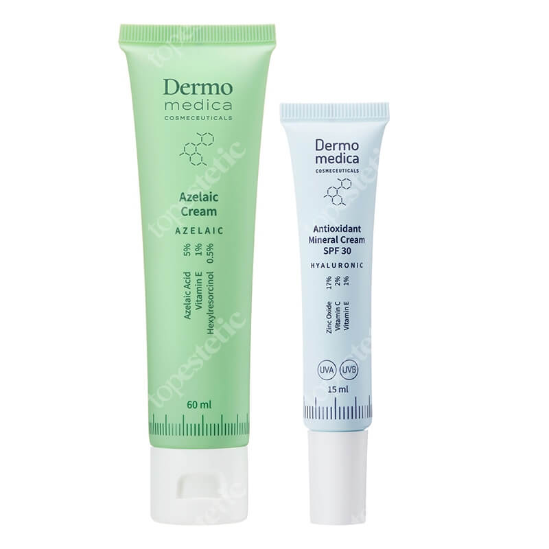 Dermomedica Azelaic Cream New + Antioxidant Mineral Cream SPF 30 ZESTAW Krem z kwasem azelainowym, witaminą E i heksylorezorcynolem 60 ml + Przeciwstarzeniowy krem antyoksydacyjny z filtrem 15 ml