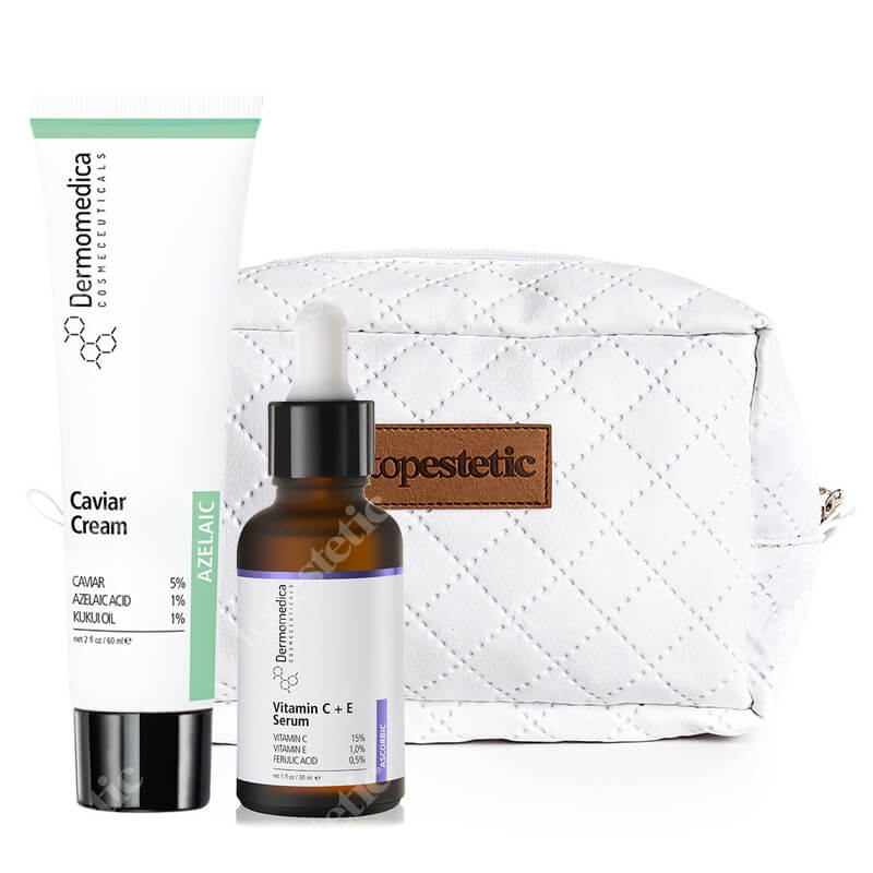 Dermomedica Blask i Odżywienie ZESTAW Aktywne serum z witaminą C i E i kwasem ferulowym 30 ml + Krem z ekstraktem z kawioru 60 ml + Kosmetyczka 1 szt