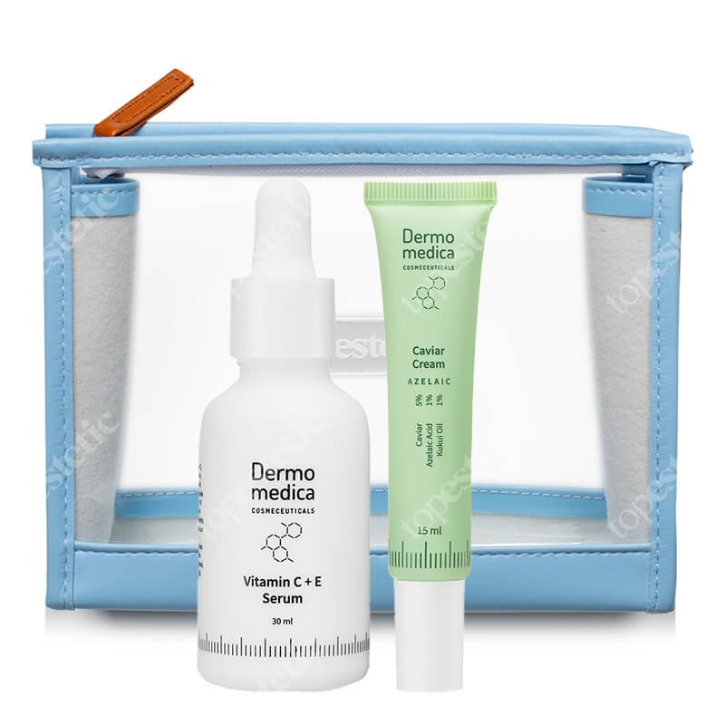 Dermomedica Caviar Cream + Vitamin C+E Serum ZESTAW Krem z ekstraktem z kawioru z kwasem azelainowym i olejem kukui 15 ml + Serum z witaminą C, Argireliną® i witaminą E 30 ml + Kosmetyczka