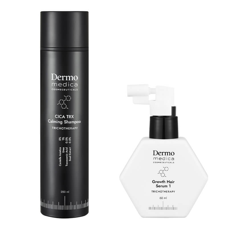 Dermomedica Hair Care Duo ZESTAW Łagodzący szampon dla wrażliwej skóry głowy skłonnej do stanów zapalnych i podrażnień 200 ml + Trychologiczne serum na porost włos