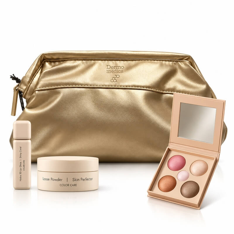 Dermomedica Jingle Glam ZESTAW Wielofunkcyjna paleta do konturowania twarzy i makijażu oka 1 kpl + Satynowy puder wygładzająco-utrwalający 6 g + Błyszczyk (kolor Shin