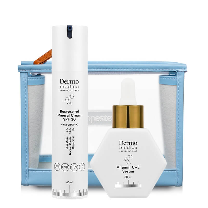 Dermomedica Pielęgnacja Skóry z Przebarwieniami ZESTAW Serum z witaminą C, Argireliną®, witaminą E 30ml + Przeciwstarzeniowy krem z resweratrolem i filtrem 60 ml + Kosmetyczka 1 szt