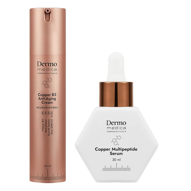 Dermomedica Radiant Essence ZESTAW Serum z kompleksem miedziowym, argireliną i beta-glukanem 30 ml + Luksusowy krem z peptydami miedziowymi, niacynamidem i skwalanem 60 ml
