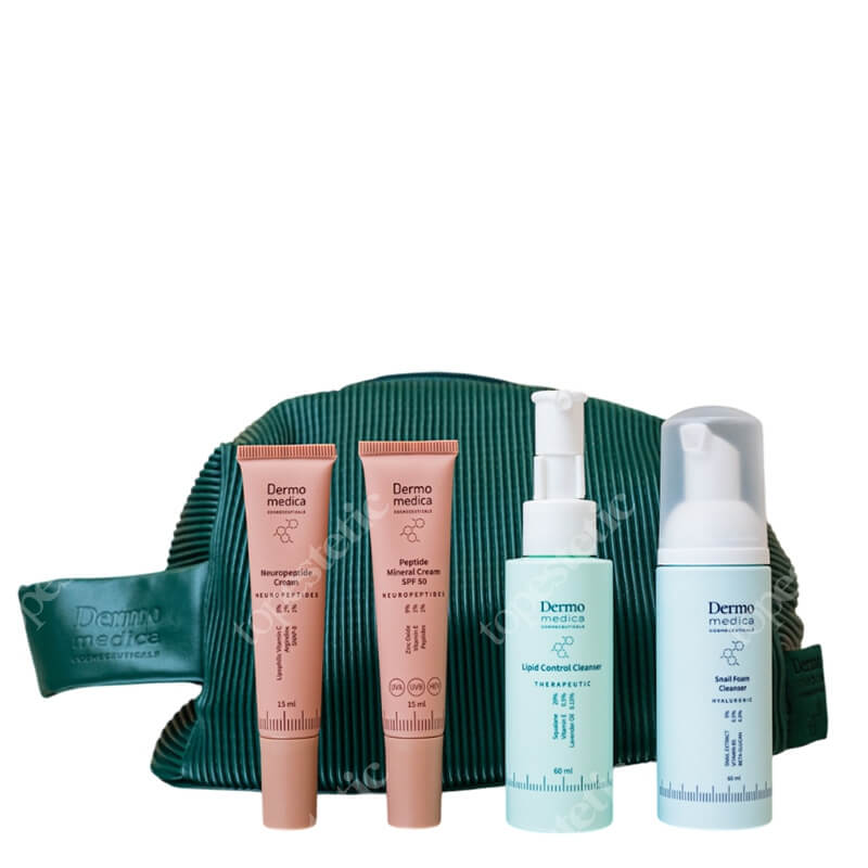 Dermomedica Top Picks Luxury Kit ZESTAW Olejek myjący 60 ml + Pianka oczyszczająca 60 ml + Krem z neuropeptydami 15 ml + Peptydowy krem z wysoką ochroną mineralną 15 ml